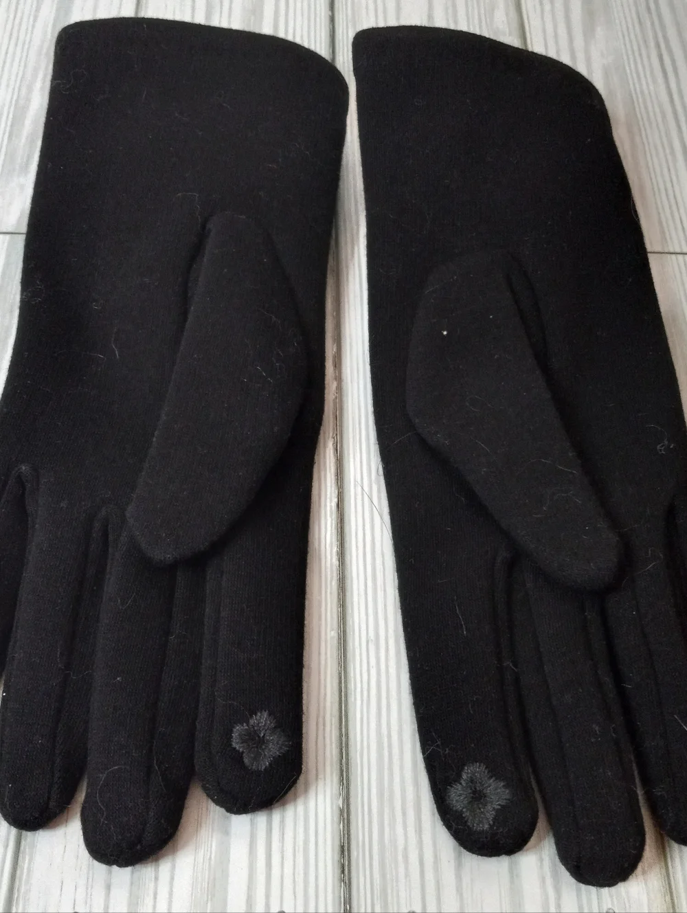 Adrienne Vittadini Touchscreen Black Gloves with Gray Faux Fur Pom Poms